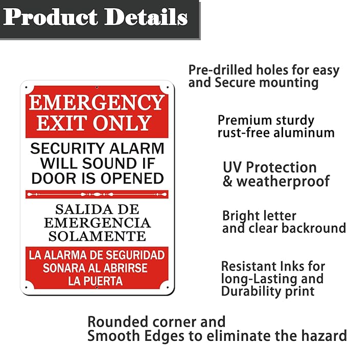 2 Pack Emergency Exit Only Bilingual Sign, 10 x 7 Inches Rust Free Aluminum Sign, UV Resistant, Scratch, Waterproof and Weatherproof, Indoor/Outdoor Use. Easy to Mount