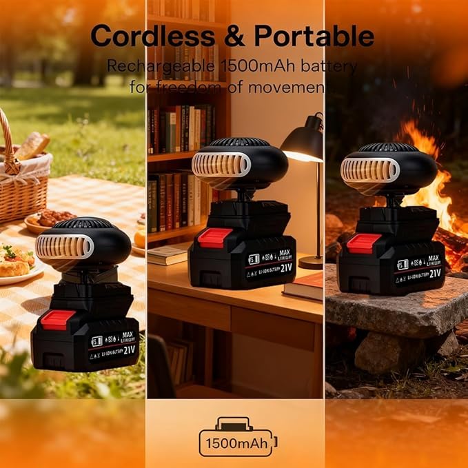Battery Powered Space Heater With Anti-Tilt Protection,Battery Heater,Quiet Long Heating,1500mah Portable Battery Operated Heaters For Car,Office,Indoor,Camping (Two batteries)