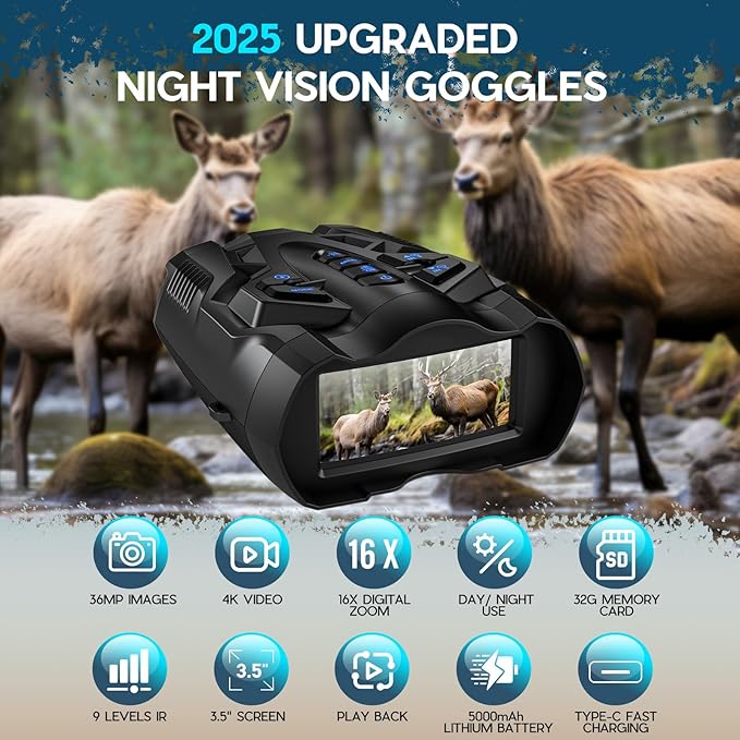 4K Night Vision Goggles for Adults,16X Zoom Night Vision Binoculars with 1000FT Infrared Range,5000mAh Rechargeable Battery,3.5" Screen,Include 32GB Card,Gift for Mens and Outdoor Enthusiasts