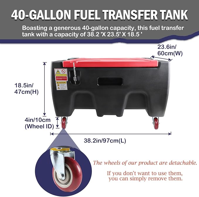40 Gallon Fuel Transfer Tank with Detachable Wheels for Cars, Motorcycles & Boats, Holds Gasoline & Diesel, 12GPM 12V DC Fuel Transfer Pump & Manual Fueling Nozzle for Lawn Mowers & Snowblowers