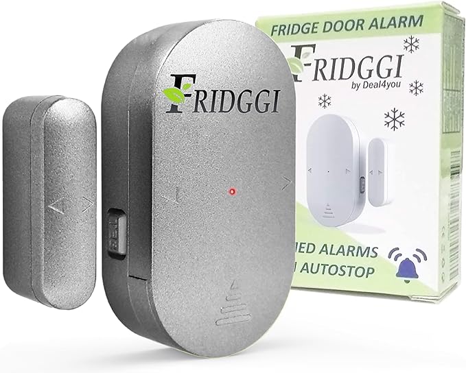 Fridge Door Alarm with 60 Second Delay, 2, 3, and 4 Minute Reminders, Loud Chime or Siren, Refrigerator Door Ajar Alarm, 4 Minute Reminders – Small Size. (Grey)