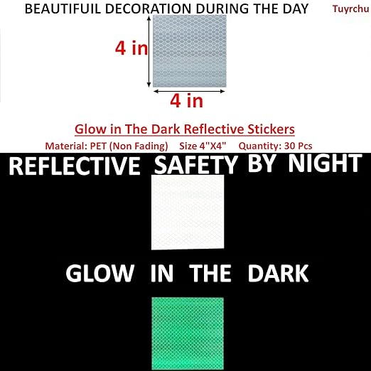 Glow in The Dark Reflective Stickers 4 inch X 4 inch for Bikes, Outdoor Waterproof High Visibility Reflector (30 Pcs)