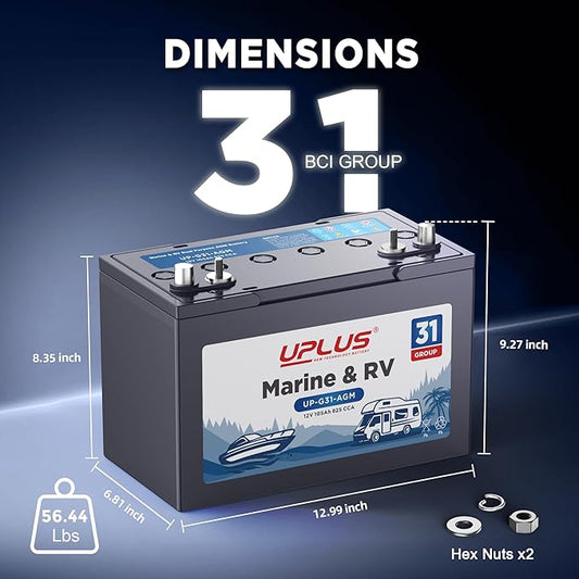 UPLUS BCI Group 31M Dual Purpose Marine Battery, 12V 105Ah 825CCA AGM Starting and Deep Cycle RV & Boat's Batteries for Navigation Devices, Lights and Engines etc.