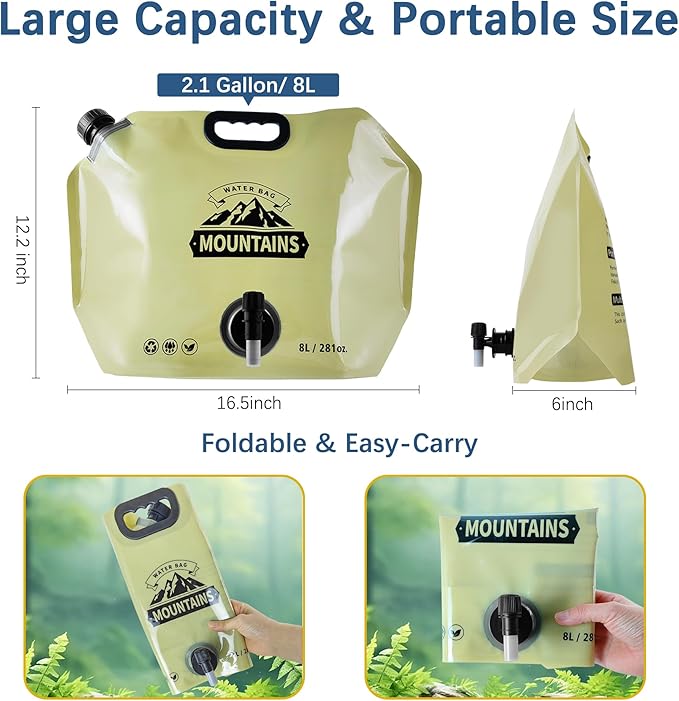 Water Jug Camping 2.1 Gallon Collapsible with Spigot, BPA Free Portable Water Pouch Foldable Water Bags for Outdoor Hiking, Travel and Emergency & Water Storage Containers (Beige-1Pcs)
