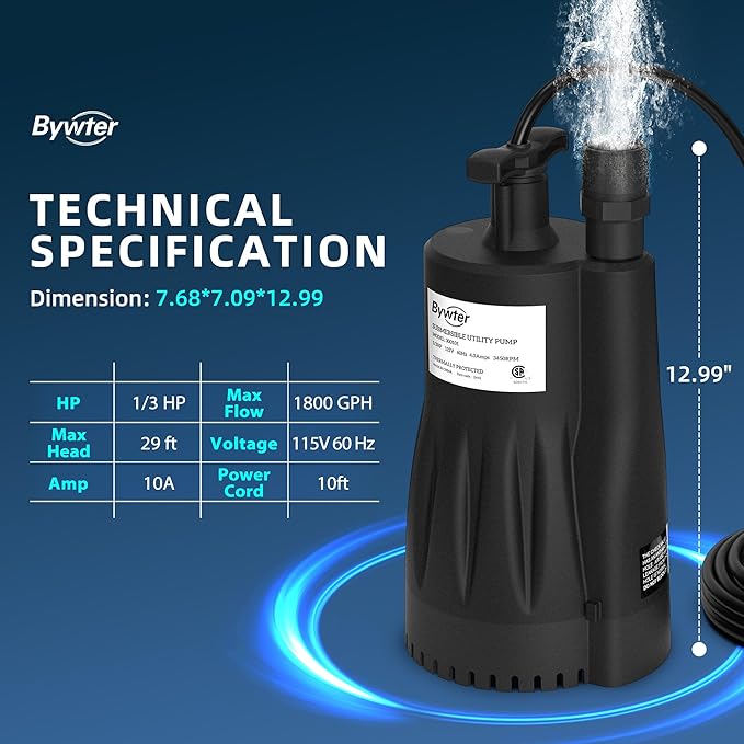 1/3 HP Submersible Water Pump, 1800 GPH Sump Pump with Thermoplastic Housing, 115V Portable Electric Water Pump with 10 Ft Cord for Basement, Yard, and Pool Cover