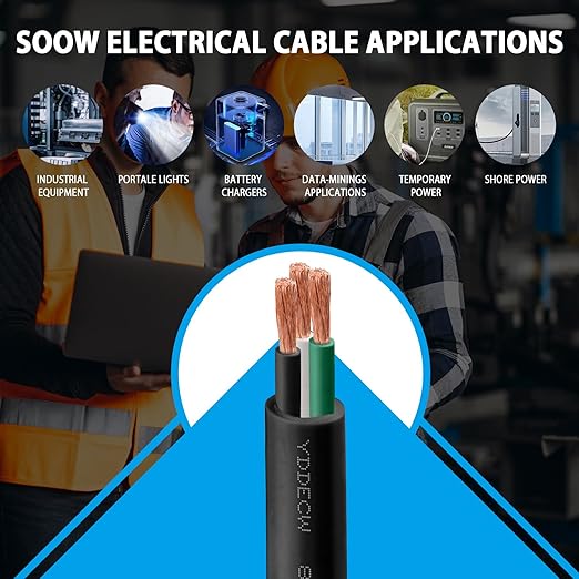 50ft 8/3 8 AWG Portable Power Cable (3 Conductor) - SOOW 600V 8 Gauge Electric Wire for Motor Leads, Portable Lights, Battery Chargers and Machinery - 3 Conductor - 50 Feet Electrical Cord