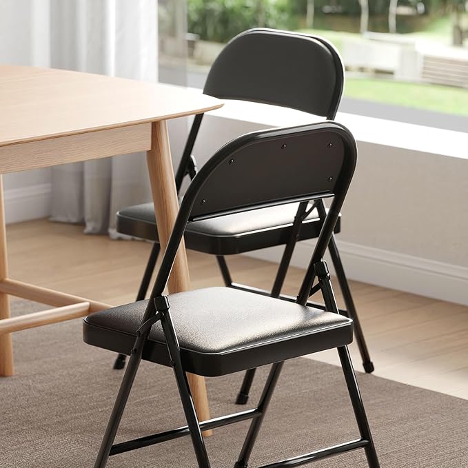 Nazhura 4 Pack Folding Chairs with Padded Cushion and Back, Khaki Metal Chairs with Comfortable Cushion and Durable Steel Frame for Home and Office, for Indoor and Outdoor Events (Black, 4 Pack)
