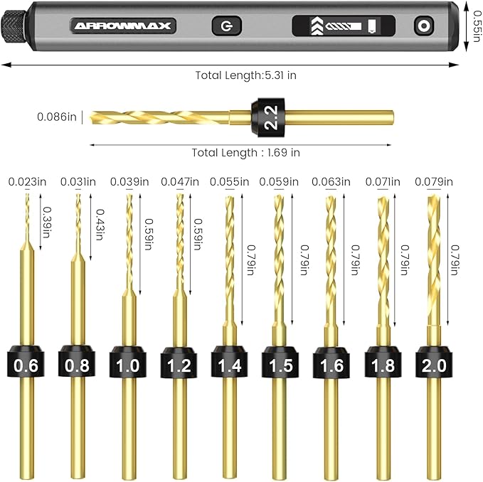 AM ARROWMAX Mini Drill Pen, 5-Speed, LED Lights, OLED Display, Aluminium Box, Resin Drill Set With 10 Small Bits, 3/32-Inch Shank, For Jewelry Making, Wood, Plastic,(SDS)
