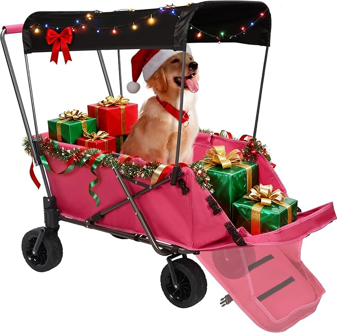 REDCAMP Folding Dog Wagon Cart with Removable Canopy Heavy Duty, 220L Large Collapsible Utility Cart Dog Stroller with Tailgate for Sports Shopping Pet, Pink