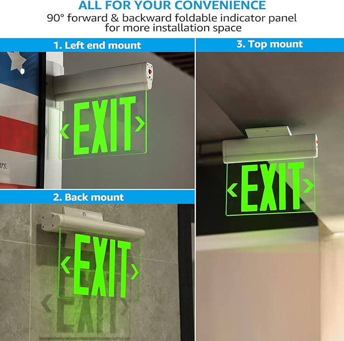 LEONLITE Green Emergency Exit Sign, UL 924, LED Edge Lit Exit Sign, Hardwired Exit Lights with Battery Backup, Double Sided, Rotating Acrylic Clear Panel, Top/Side/Wall Mount, AC 120/277V, Pack of 2