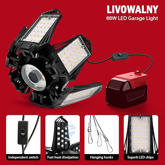 LIVOWALNY LED Work Light Compatible with Milwaukee 18V Battery, 68W 6800LM LED Garage Flood Lights with 6+1 Deformable Panels, Battery Powered Pendant Ceiling Light for Shed Workshop Garage Home