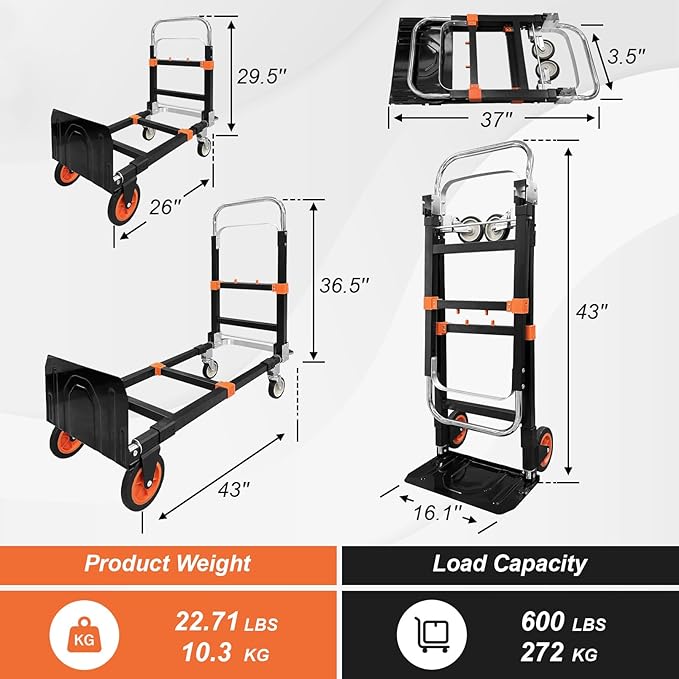 3-in-1 Aluminum Hand Truck Dolly, 600 lbs Heavy Duty Folding Trolley with Universal Wheels, Convertible Hand Truck with Tie Down Straps for Warehouse, Supermarket, Office (Orange)