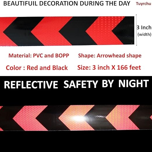 Red Black Reflective Tape 3 inch X 166 feet, Outdoor Waterproof Hazard Conspicuity Warning Industrial Marking Tape