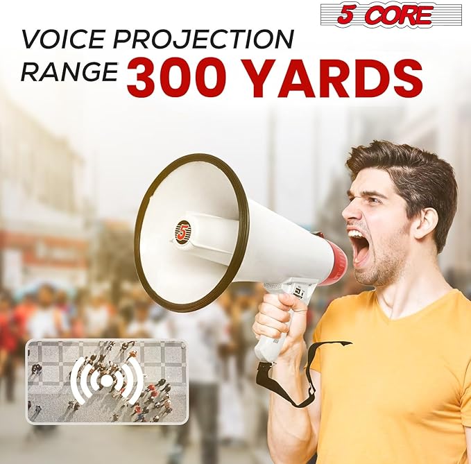 5 CORE 40W Megaphone Bullhorn Cheer Bull Horn Speaker Rechargeable Megaphono 1000 Yard Range Siren Recording USB SD Card AUX Detachable Microphone for Cheerleading, Football, Safety Drills