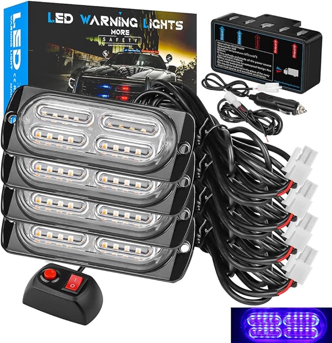 Upgraded LED Emergency Strobe Warning Lamps Kit, 4 Pods 20LEDs, 18 Flash Patterns for Warning, Side, Prompt, Marker, Beacon Light (Blue)