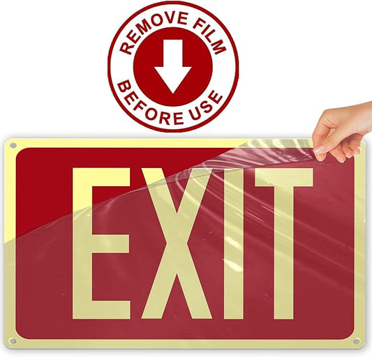 4Pack Photoluminescent Exit Sign Red, 14"x 10" Aluminum Glow In The Dark Exit Signs with Strong Adhesive Backing and 8pcs Removable Directional Arrows Glow In The Dark,Easy to install