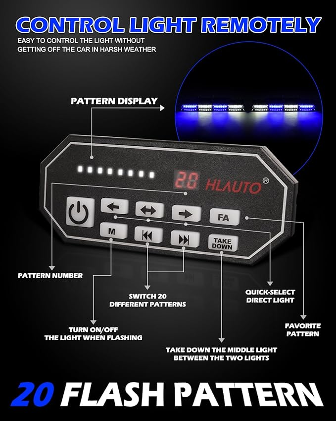 HLauto 604N Emergency Dash Strobe Lights: 2x16.8 inch Blue White Security Light w/Take Down, 48 LED Safety Flashing Warning Hazard Interior Windshield Light Bar for Trucks Vehicles