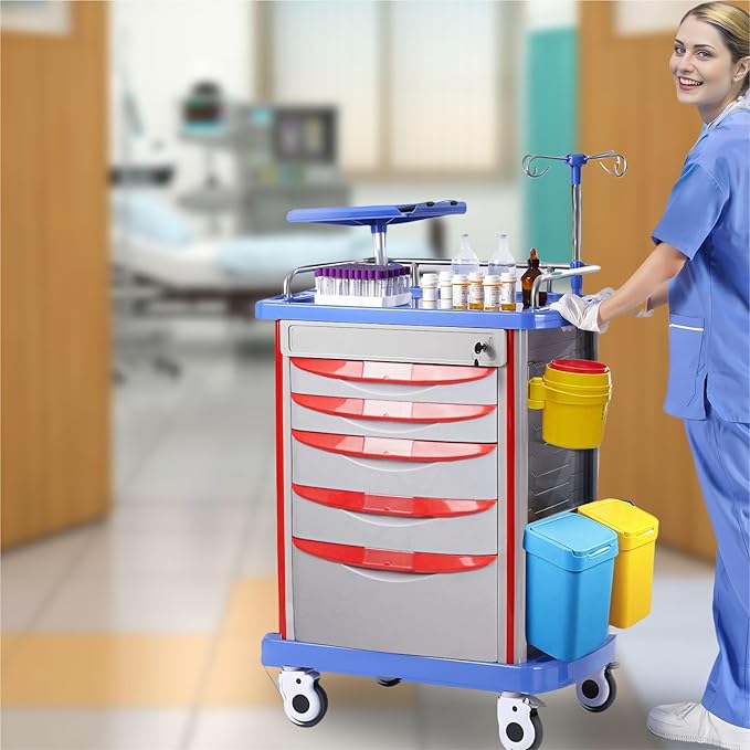 Crash Cart with Accessories - Mobile Emergency Treatment Trolley with IV Pole, Cardiac Board, O₂ Tank Holder, Trash Bin & Drawers for Clinic Nursing Center