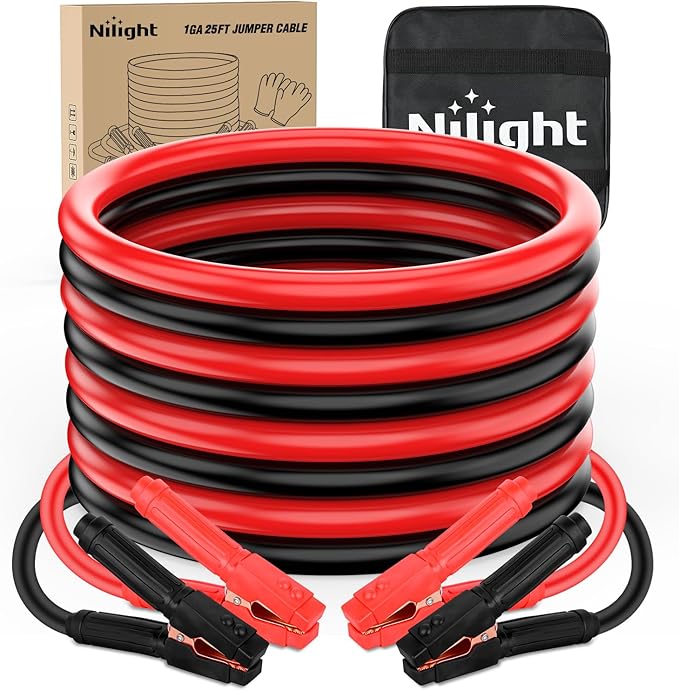 Nilight Jumper Cables for Car Battery 1 Gauge 25 FT Booster Cable Heavy Duty 900 A CCA with Carrying Bag Jump Start Emergency Kit Pickup Truck RV Vans SUV