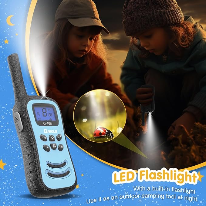 QNIGLO Kids Walkie Talkie, VOX Rechargeable Kids Walkie Talkie, 3KM Working Distance, 48H Standby, 8 Channels, Flashlight Function, Gift for 3-12 Year Old Girls & Boys (2-Pack)