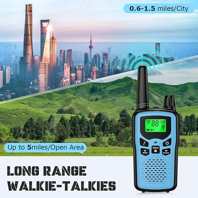 Rechargeable walkie talkies for Adult walkie talkies Long Range, 22 Channel FRS 2-Way Radios Walky Talky with LED Flashlight for Climbing, Camping Trip and Family Emergency Kit(2 Pack Blue).