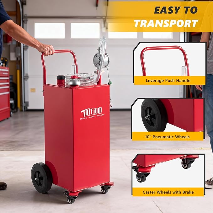 TUFFIOM 30 Gallon Portable Gas Caddy w/Swivel Wheels,Fuel Storage Tank, Gasoline Diesel Can with Fuel Transfer Rotary Hand Siphon Pump for Automobile ATV Car Mower Tractor Boat Motorcycle
