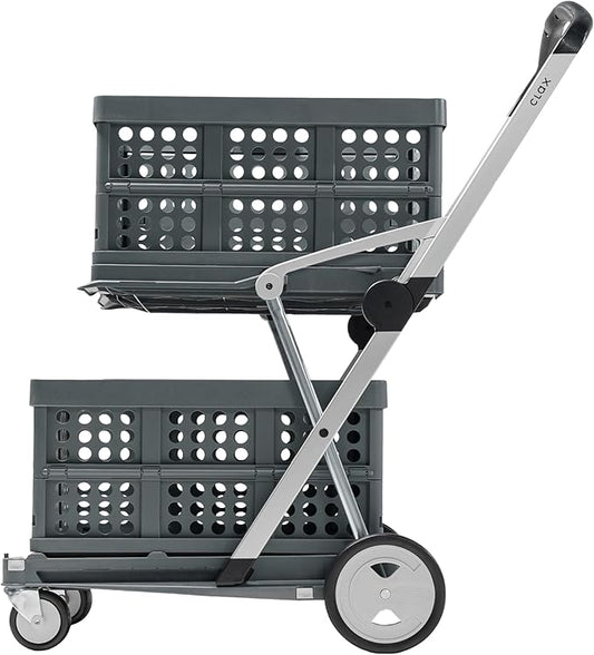 CLAX® The Original | Made in Germany | Multi Use Functional Collapsible Carts | Mobile Folding Trolley | Storage Cart Wagon | Shopping Cart with 2 Storage Crates | Platform Truck (Light Grey)