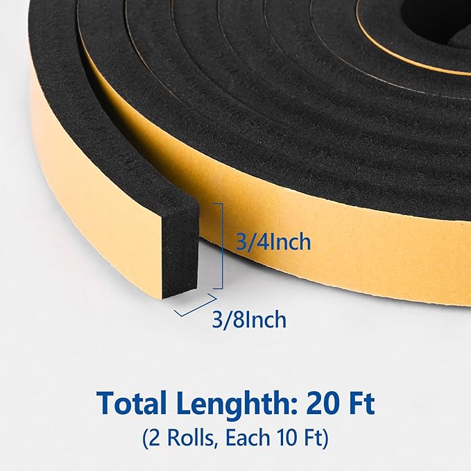 Self Adhesive Foam Tape Weatherstrip 3/4in x 3/8in x 20Ft High Density Foam Insulation Strips Foam Seal Weather Stripping with Strong Adhesive for Door and Window Sound Isolation Soundproofing