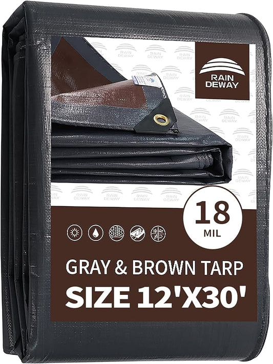 RAINDEWAY 12x30 Feet Super Heavy Duty Tarp 18 Mil, UV Resistant, Weatherproof, Multipurpose Waterproof Poly Tarp with Grommets and Reinforced Edges, Brown/Gray Tarps