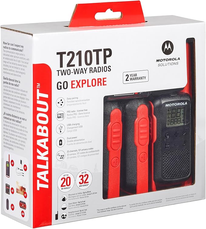 Motorola Solutions, Portable FRS, T210TP, Talkabout, Two-Way Radios, Rechargeable, 22 Channel, 20 Mile, Black W/Red, 3 Pack