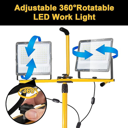 30000 Lumen LED Work Light with Stand, 2-Head Adjustable Work Lights with 16.5FT Extended Cord, IP65 Waterproof Work Lamp for Indoor & Outdoor Job Sites, Workshops, Construction, Garage Lighting