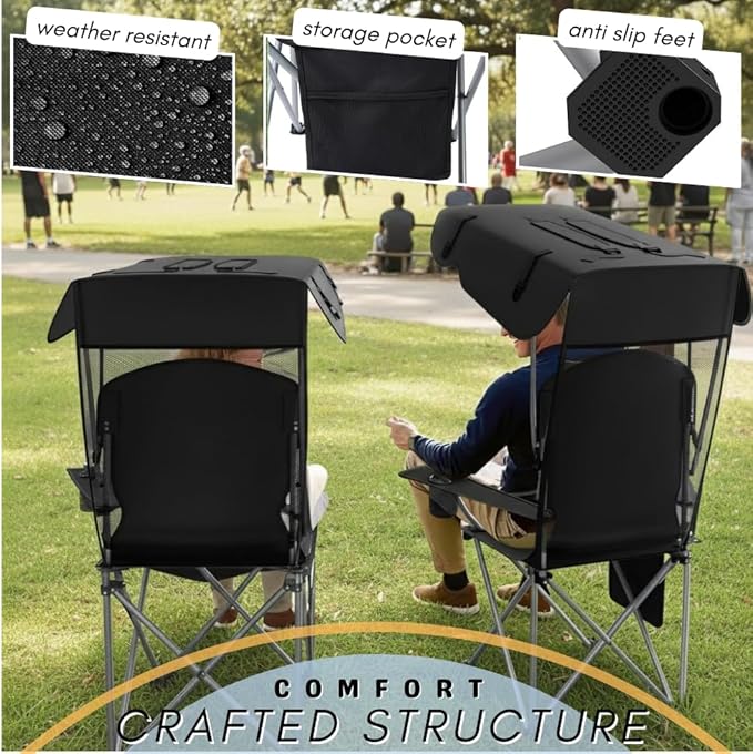 Portable Folding Camping Chairs with Canopy Shade, Beach Chair for Adults, Durable Weather Resistant 600D Oxford Cloth, Camping Chair with Canopy for Outdoors [Black-2 Pack]