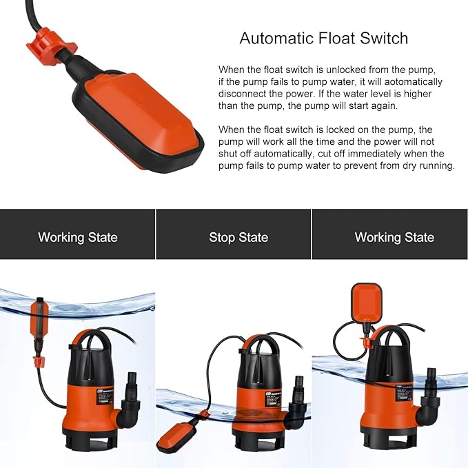 Sump Pump, Prostormer 1HP 3700GPH Submersible Clean/Dirty Water Pump with Automatic Float Switch for Pool, Pond,Garden, Flooded Cellar, Aquarium and Irrigation (Orange)