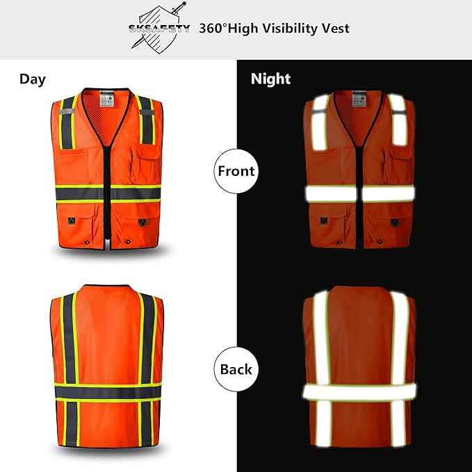 SKSAFETY 10 Pockets Professional level Safety Vest, Class 2 High Visibility Security Vest with Zipper, Hi Vis Vest with Reflective Strips, ANSI/ISEA Standard, Construction Work Vest（Orange, 4XL）