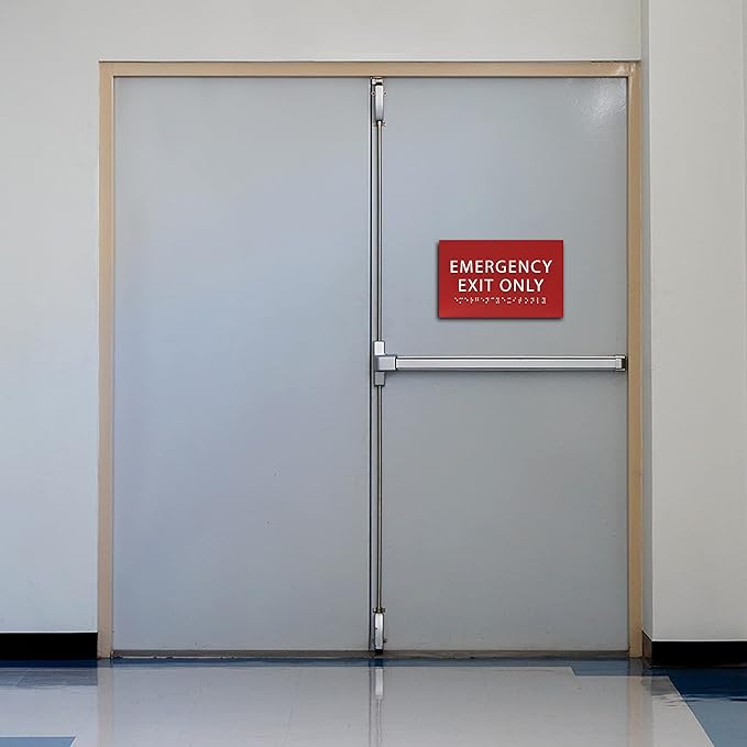 6" X4" Emergency Exit Only Sign - ADA Compliant Tactile Graphics Grade 2 Braille Text Prohibition Sign | Wall Mount Plastic Emergency Safety Restriction Sign for Business & Office