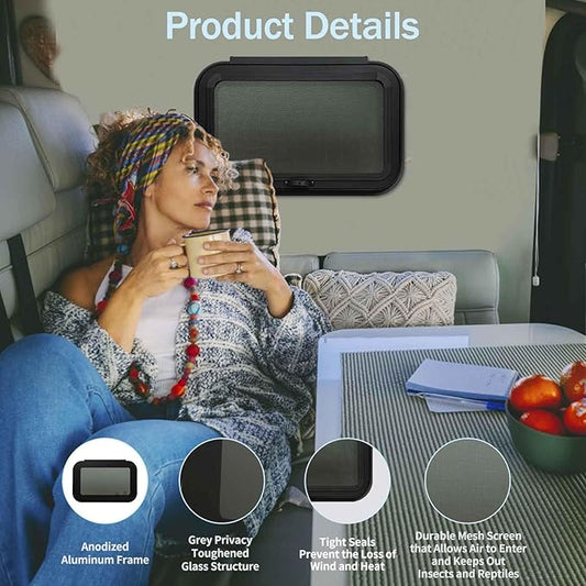 14"x22" Frameless RV Sliding Window - DOT Approved Tinted Glass, Anodized Aluminum Frame w/Mesh Screen, Fits 1.5"-1.875" Walls (Complete Installation Kit Included)