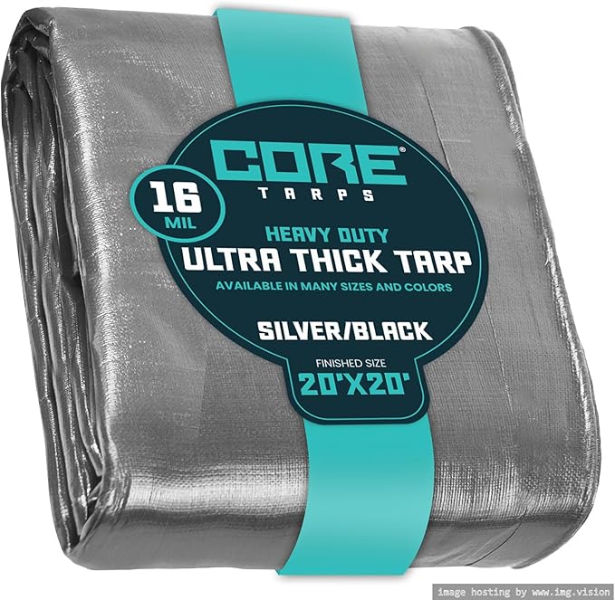 Core Tarps Extra Heavy Duty 16 Mil Tarp Cover, Waterproof, UV Resistant, Rip and Tear Proof, Poly Tarpaulin with Reinforced Edges for Roof, Camping, Patio, Pool, Boat (Silver/Black 20′ X 20′)