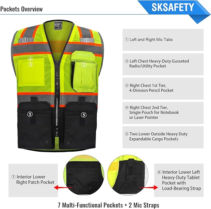 SKSAFETY Professional Safety Vest - Class 2 High Visibility with Reflective Strips, ANSI/ISEA Standard (Lime Black, L)