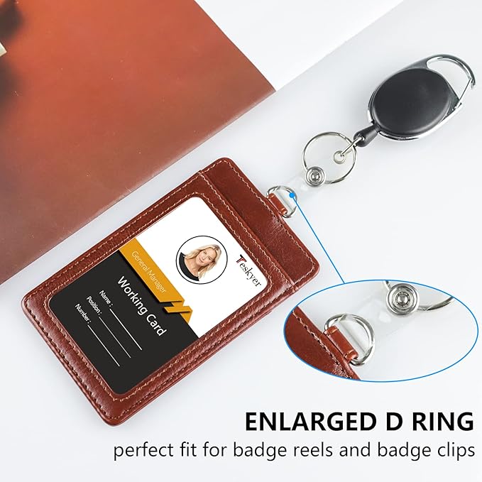 Teskyer Badge Holder with Lanyard, Leather ID Name Badge Card Holder with Lanyard for ID Badges, Vertical Brown