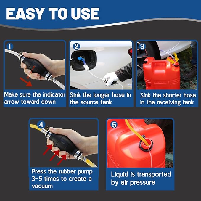 Gas Siphon Pump FUELIO - Hand Siphon Pump for Gasoline Transfer - Manual Siphon Pump For Water- Fuel Siphon Pump for Gasoline- Gas Siphon Hose Included
