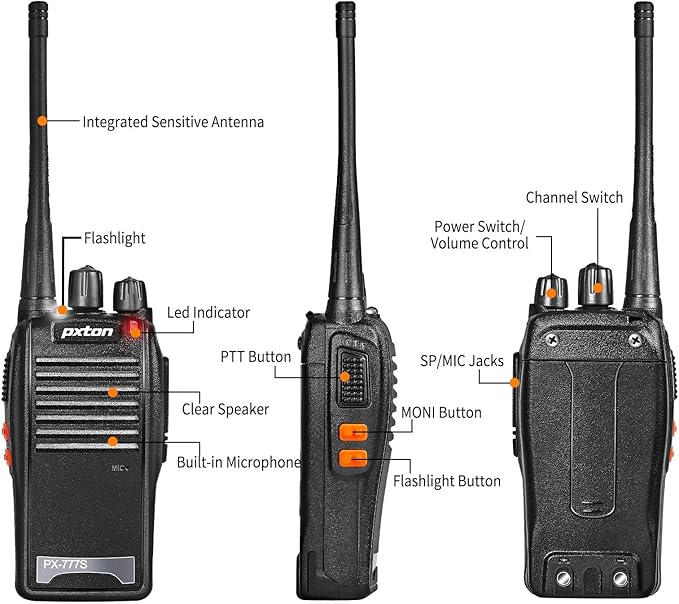 pxton 777S walkie talkies Long Range for Adults Rechargeable with Earpieces and Li-ion Battery,Two Way radios has VOX/TOT/Emergency Alarm/Battery Low Alert/Flashlight/Scan Function（4 Pack）