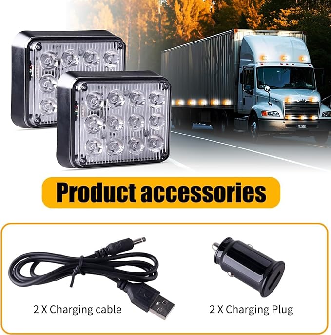2PCS Magnetic Emergency Strobe Lights Rechargeable Amber White Hazard Warning Lights Magnetic Beacon Strobe Lights for Trucks Trailer Vehicle Car ATV Tow Bus