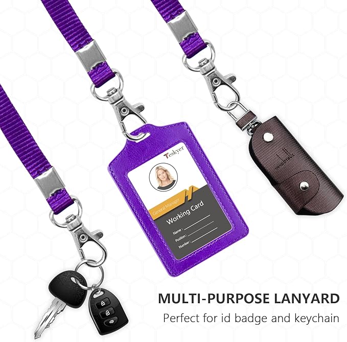 Teskyer 2 Pack of Double Sided Clear Badge Holder with Lanyard, PU Leather ID Badge Name Card Holder with Stainless Steel J-Hook Nylon Lanyard for Work ID, School ID, Metro Card, Access Card, Purple