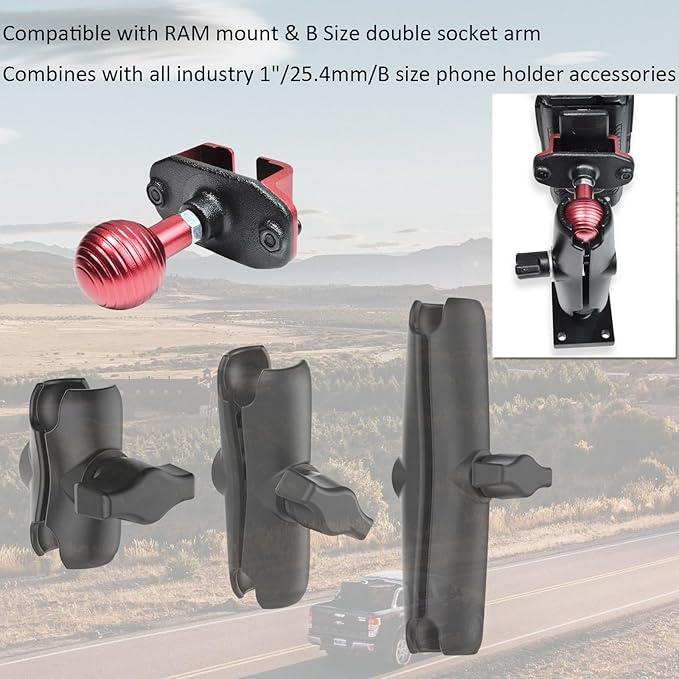 HYS 2 Way Radio/Walkie Talkie Mic Holder Aluminum Alloy with 1'' Ball for Handheld CB Radio W/ Belt Clip&Round Knob, Compatible with RAM Mounts B Size Double Socket Arm & Bike Motorcycle Radio Mount