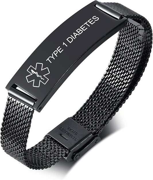 VNOX Medical Alert Bracelets for Men & Women Kids with Free Engraving Adjustable Stainless Steel Mesh Emergency Medical ID Bracelets Wristband