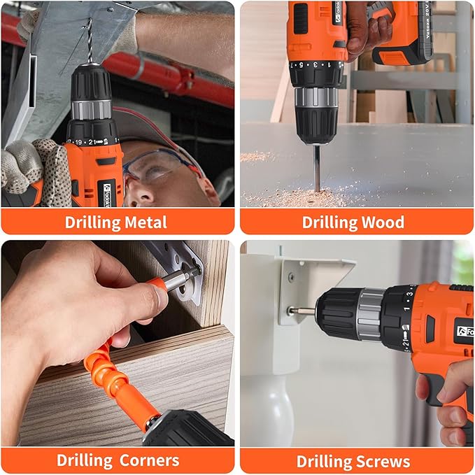FADAKWALT 20V Electric Power Drill Set, Torque 30N, 21+1 Torque Setting, 3/8-Inch Keyless Chuck, LED Electric Drill Kit, Orange
