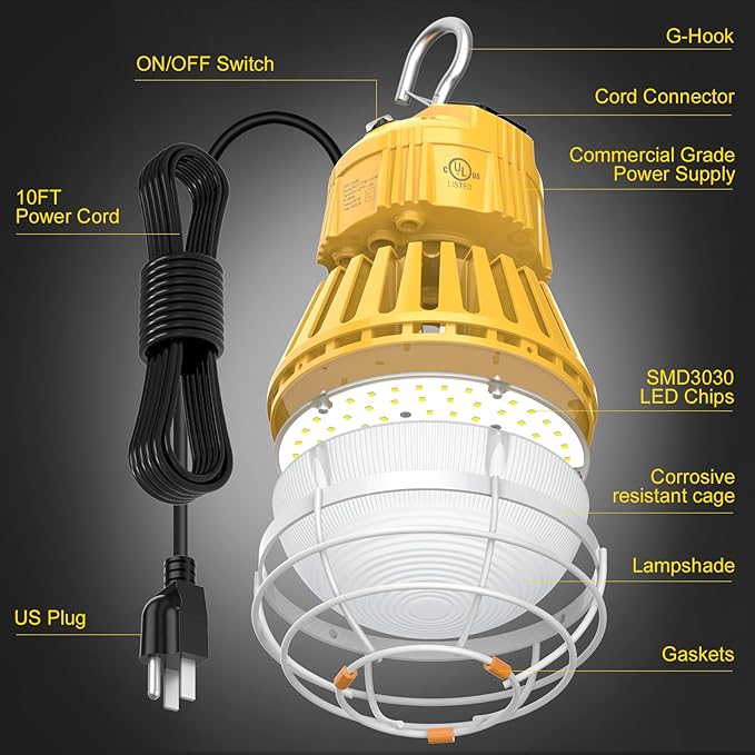 80W LED Temporary Work Light 12000LM 5000K Portable Work Lamp Fixture Daylight Construction Work Light Portable for Barn Garage Lighting, Temporary Plug in Work Lights Input 100~277VAC