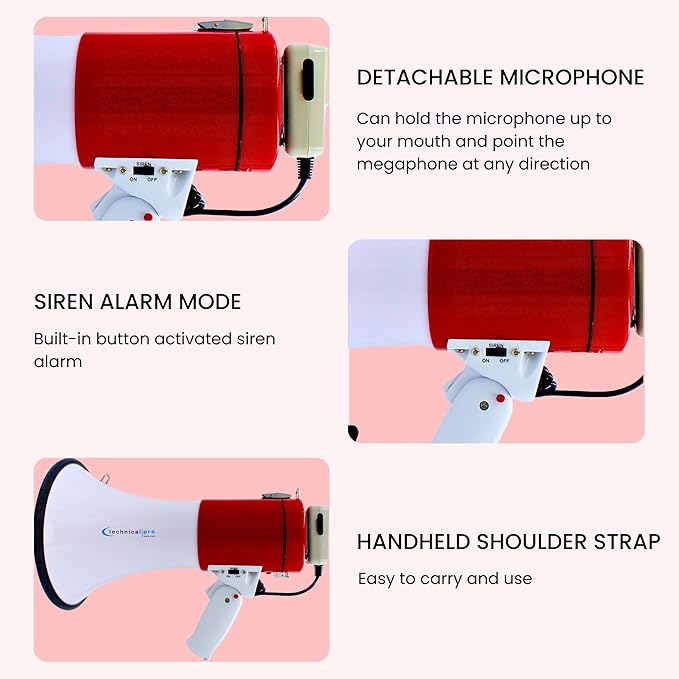Technical Pro Rechargeable Portable 75-Watt Megaphone Bullhorn Speaker w/Siren & Detachable Microphone - Battery w/Battery a Built-in AC Wall Charger, Good for Trainers, Coaches, Cheer Leaders