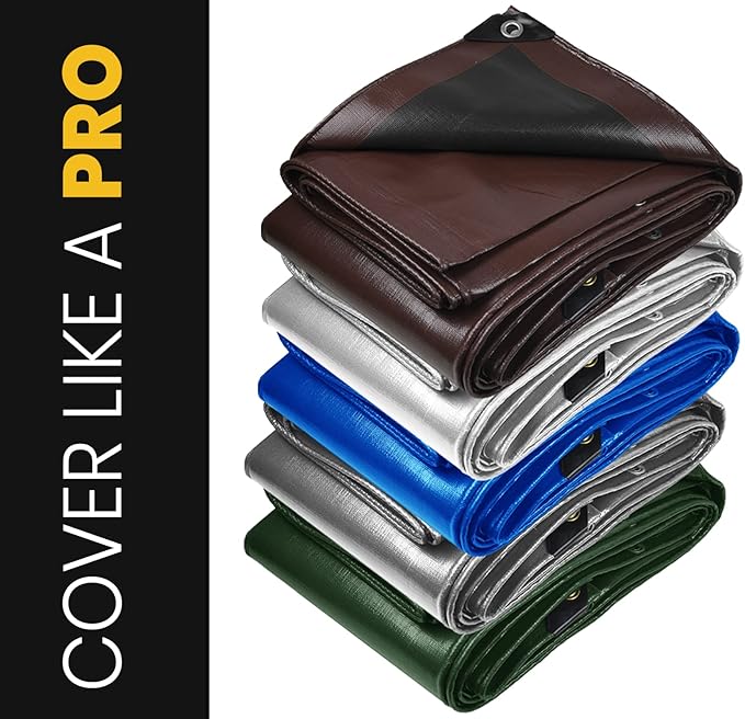 PROTARP Extra Heavy Duty 16 Mil Tarp Cover, Waterproof, UV Resistant, Rip and Tear Proof, Poly Tarpaulin with Reinforced Edges for Roof, Camping, Patio, Pool, Boat. (Brown/Black 12′ X 25′)