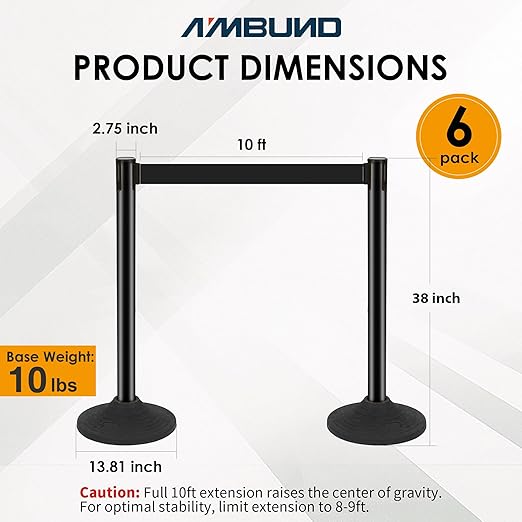 6 Pack Stanchions with Retractable Belts - Heavy Duty Crowd Control Barriers with Weighted Rubber Base, 10FT Retractable Belt Stanchions for Queue Line, Events, Public Safety(Black，6 Pack）